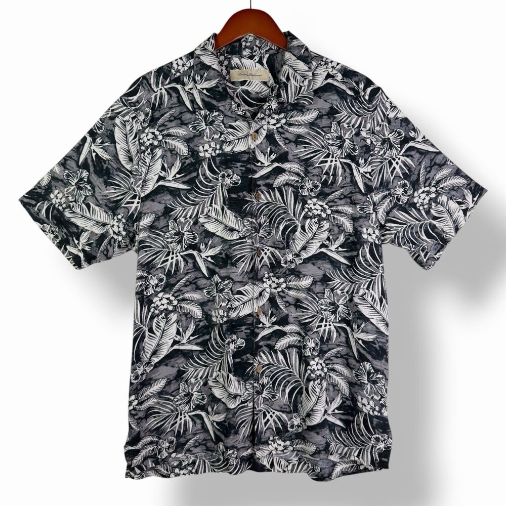 Tommy Bahama Veracruz Cay Palms Silk-Look Resort Camp Shirt Black Gray Men's M